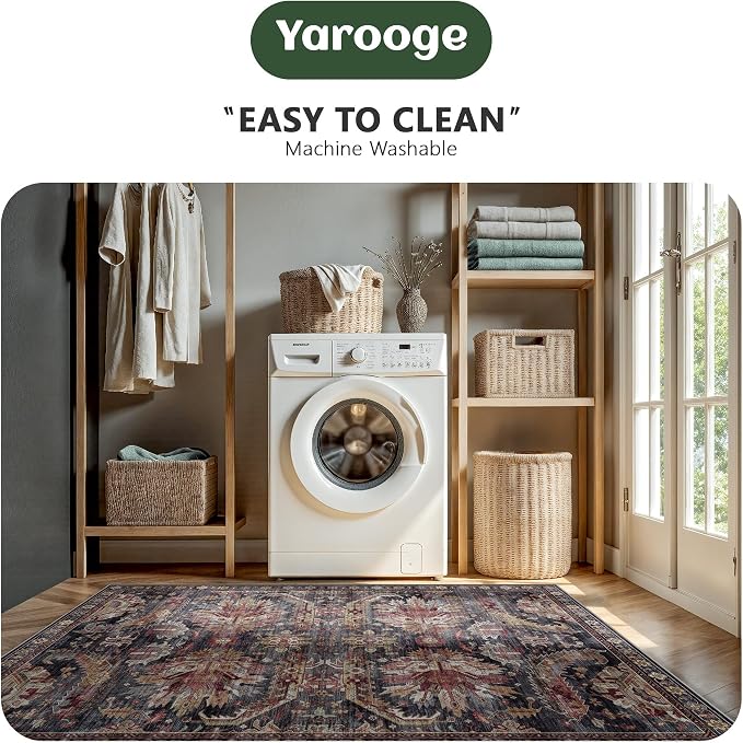 8x10 Area Rugs, Vintage Retro Soft Washable Rug, Non-Slip Low Pile Rugs for Living Room, Bedroom, Dining Room, Stain Resistant Home Decor Rug (Retro Red)
