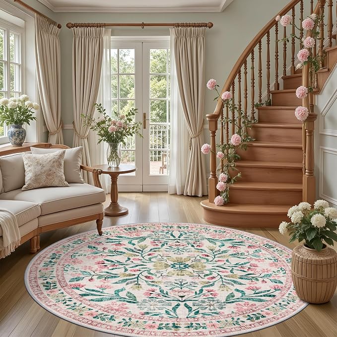 PLHXFR Round Area Rug Living Room: 6 ft Floral Washable Carpet Pink Green | For Bedroom Dining Room Farmhouse Nursery Hallway,Vintage Floral,Machine washable,Non Slip,Stain Resistant,Large Indoor