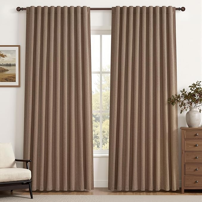 Rust Brown Blackout Curtains 60 Inches Extra Wide Linen 92 Inch Length for Living Room,Pleated Farmhouse Bedroom Chocolate Thermal Drapes for Winter Thick Large Window Energy (60"W x 92"L 2 Panels)