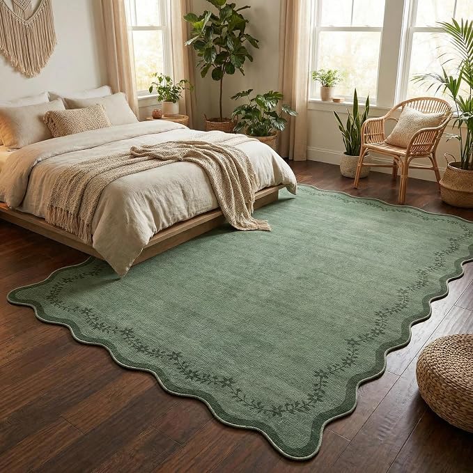 GarveeHome Scalloped Area Rugs 8x10 Large Green Washable Living Room Rug | Soft Floral Non Slip Backing Floor Mat Carpet Indoor Thin Rug for Bedroom Dining Room Playroom Nursery Home Decor
