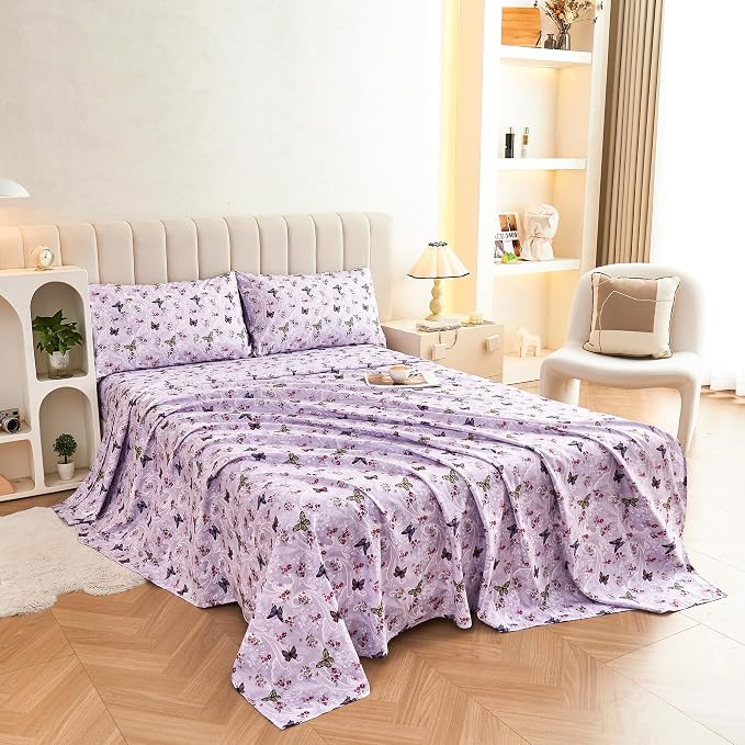 Softan Floral King Bed Sheets, Purple Paisley Flower Printed Sheet Set - Brushed Microfiber King Fitted Sheet with 15" Deep Pocket and Corner Straps, Butterfly Patterned Sheet & Pillowcase Sets