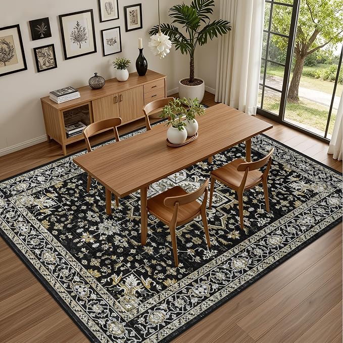 6x9 Area Rugs Living Room: Washable Rug for Bedroom Black Gold | Boho No Slip Stain Resistant Rug Soft Indoor Decor Floor Floral 6x9 Area Rugs for Dining Room, Nursery, Hallway, Home Office