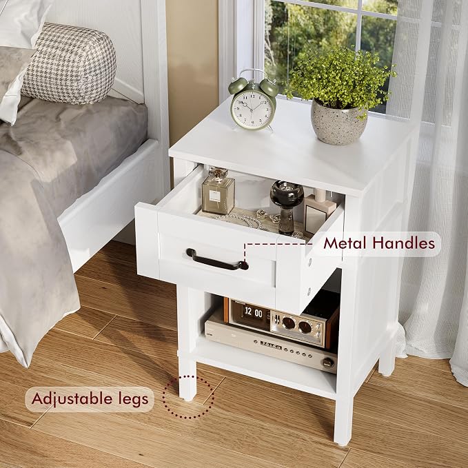 White Farmhouse Nightstand with Drawer, Small Wooden Bedside Table, White Marden End Table, Bedroom Side Table with Storage, Wooden Night Stand LET512WW