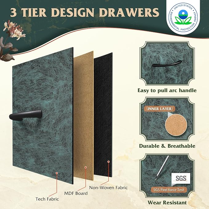 WLIVE Tall Dresser for Bedroom, 9 Drawer Chest of Drawers, Vintage Green | 9 roomy fabric drawers, Tall storage design, Bedroom or closet use, Sturdy steel frame, Smooth wood tabletop