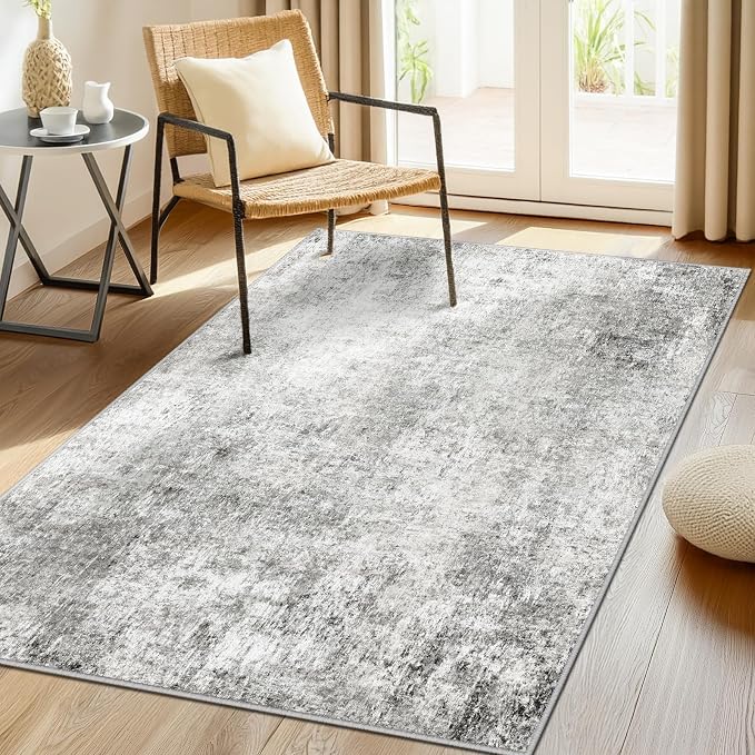 RELEANY Washable 4'x6' Abstract Area Rug for Living Room Gray White | Carpet for Bedroom, Kitchen, Office, Hallway and Entryway, Printed Pattern, Non‑Slip, Soft, Stain‑Resistant, Easy to Clean