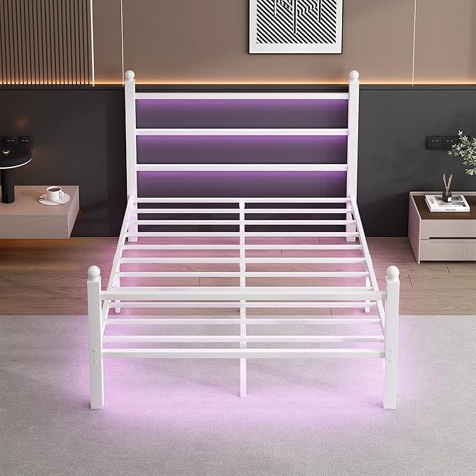 CLIBFENG Full Size Bed Frame with Headboard and Footboard,Steel Slats Support-LED Bed Frame with USB Charging Station,Mattress Foundation-Under Bed Storage,No Box Spring Needed,Noise Free,White