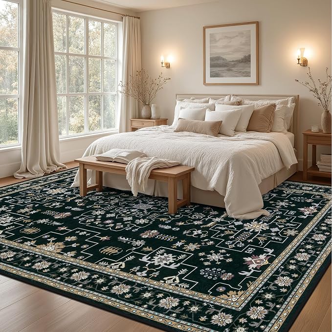 10x12 Area Rugs Living Room: Washable Boho Rug for Bedroom Black | Vintage No Slip Stain Resistant Rug Soft Indoor Decor Floor Floral Area Rugs for Dining Room, Nursery, Hallway, Home Office
