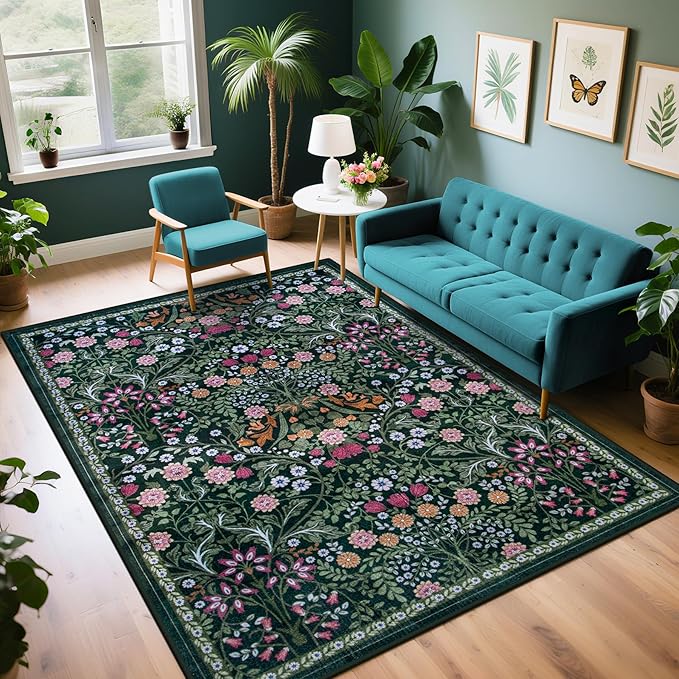 PLHXFR Area Rug Living Room: 5x7 Floral Washable Boho Carpet Dark Green | For Bedroom Dining Room Farmhouse Nursery Hallway,Vintage Floral,Machine washable,Non Slip,Stain Resistant,Large Indoor