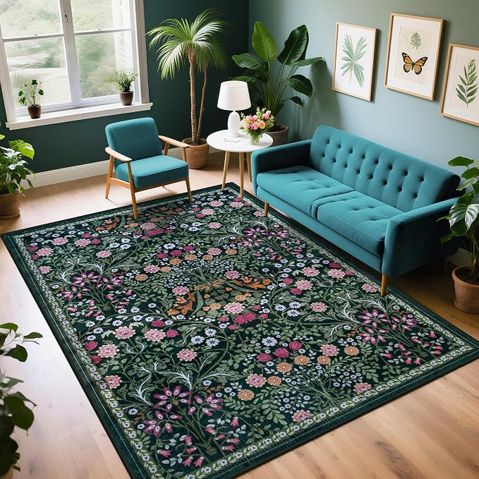 PLHXFR 6x9 Area Rug Living Room: Floral Washable Boho Carpet Dark Green | For Bedroom Dining Room Farmhouse Nursery Hallway,Vintage Floral,Machine washable,Non Slip,Stain Resistant,Large Indoor
