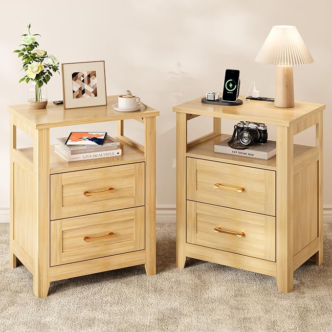 Decofy Farmhouse 2-Drawer Nightstand Set of 2 with Charging Station, Oak | Open Shelves, AC Outlets, USB And Type C Ports, Rustic Wood Bedside Tables, Storage For Small Items
