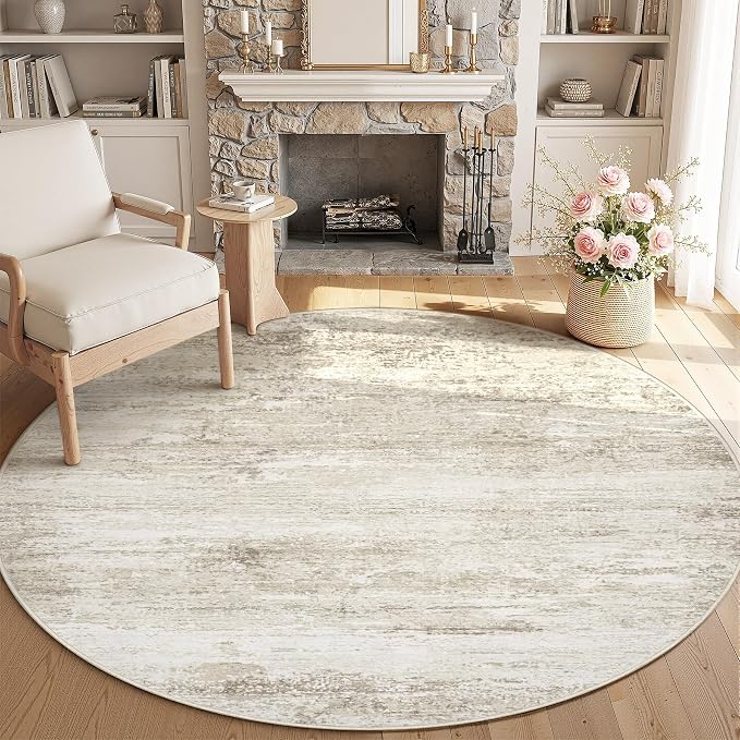 Washable Round Rug 4ft for Bedroom: Circle Neutral Soft Rug Abstract Non Slip Low Pile Modern Area Rugs for Living Room Nursery Office Dining Kids Boys Girls Room Farmhouse Dorm (Beige, 4' Round)