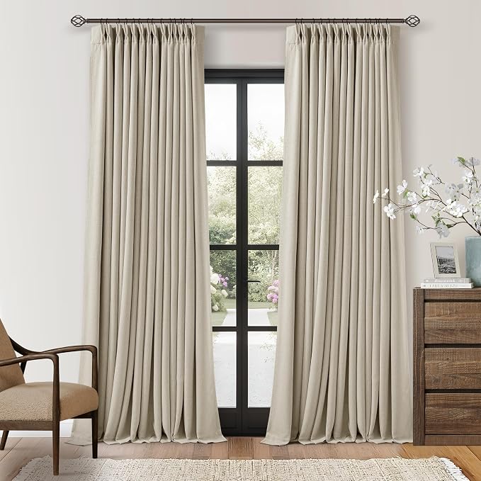 Oatmeal 108 Inch Blackout Linen Pleated Curtains for Bedroom Living Room | 100% Black Out, Thermal Insulated Energy Efficient Window Drapes, Double Layer Oatmeal Beige Curtains, Pinch Pleat 2 Panels