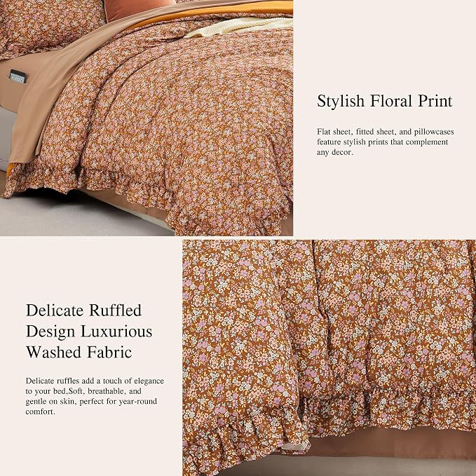 Full Size Comforter Sets-7 Pieces Floral Ruffle Bedding Set | Brown Ditzy Bed in a Bag, Soft Lightweight All Season Farmhouse Full Size Bedding Sets with Sheets, Pillowcases & Shams