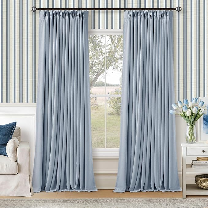 Light Blue Linen Memory Trained Black Out Pleated 105 Inch Curtains 2 Panel | 100% Blackout Drapes with Liner, for Dining Kids Girls Bedroom, Pinch Pleat with Hooks Rings, Thermal Insulated Soundproof