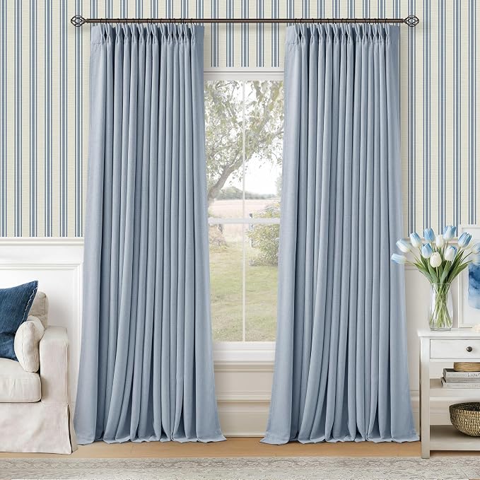 Light Blue Pinch Pleated Dual Layer Blackout Linen Curtains 102 Inches Long | Dual Layer Pleated Drapes, Farmhouse Coastal, Sky Baby Blue, Thermal Insulated Room Darkening, for Dining Living Room, 40x102
