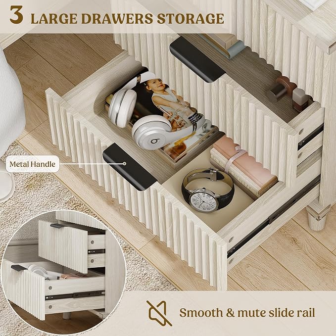 Wood Nightstands Set of 2 w/Charging Station, 3 Drawers Fluted Dresser | Grey White, Large Drawers, Metal Silent Rails, FSC Wooden, Sturdy Legs, Modern Fluted Panel, Living Room, Bedside Table