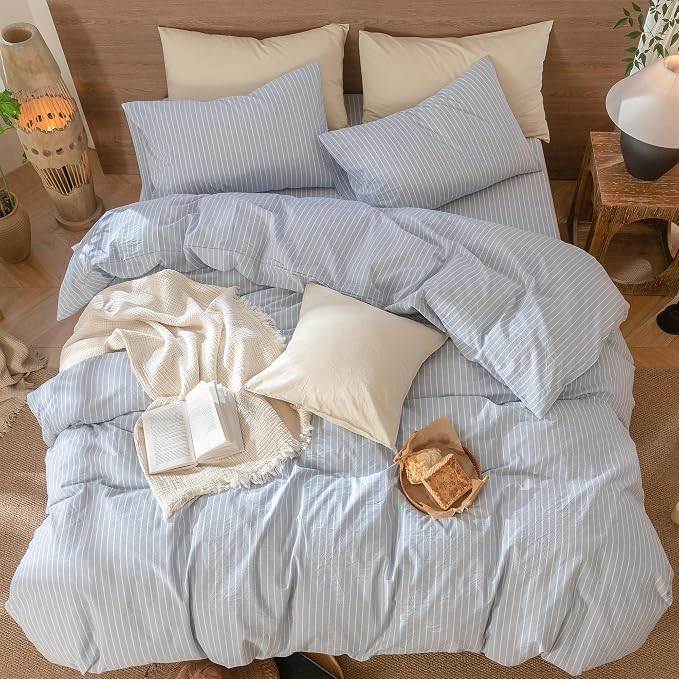 MooMee Striped Duvet Cover Set 100% Washed Cotton Linen Like Twin | Relaxed Linen-like Texture. Soft, Breathable & Long-lasting Comfort. Lightweight. Hidden Zipper with 8 Interior Corner Ties