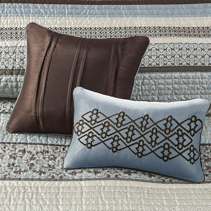 Madison Park Quilt Set Luxurious Jacquard Stripes Design - All Season, Coverlet Bedspread Lightweight Bedding Layer, Shams, Decorative Pillow, Full/Queen(90"x90"), Floral Blue 5 Piece | All Season, Luxurious Coverlet Bedspread Lightweight Bedding Layer...