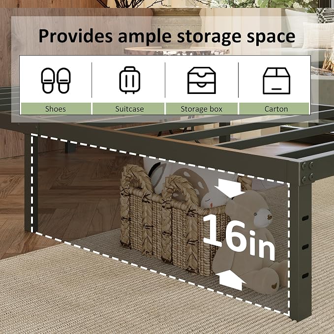 EMODA Queen Bed Frame with White Cover No Box Spring Needed, 18 Inch Heavy Duty Metal Platform BedFrame Queen Size with Steel Slats, Easy Assembly