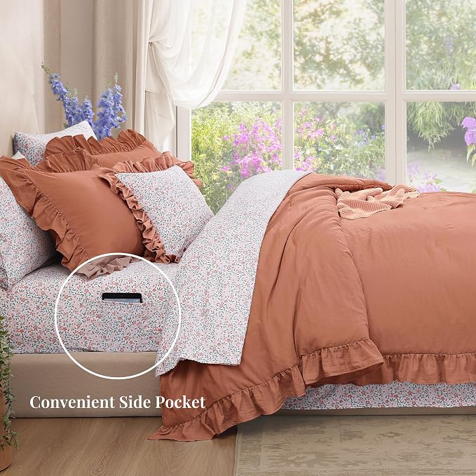 Queen Comforter Set-7 Pieces Ruffle Bedding with Floral Sheet | Autumn Leaf Bed in a Bag, Soft Lightweight All Season Farmhouse Queen Bedding Sets with Floral Sheets, Pillowcases & Shams