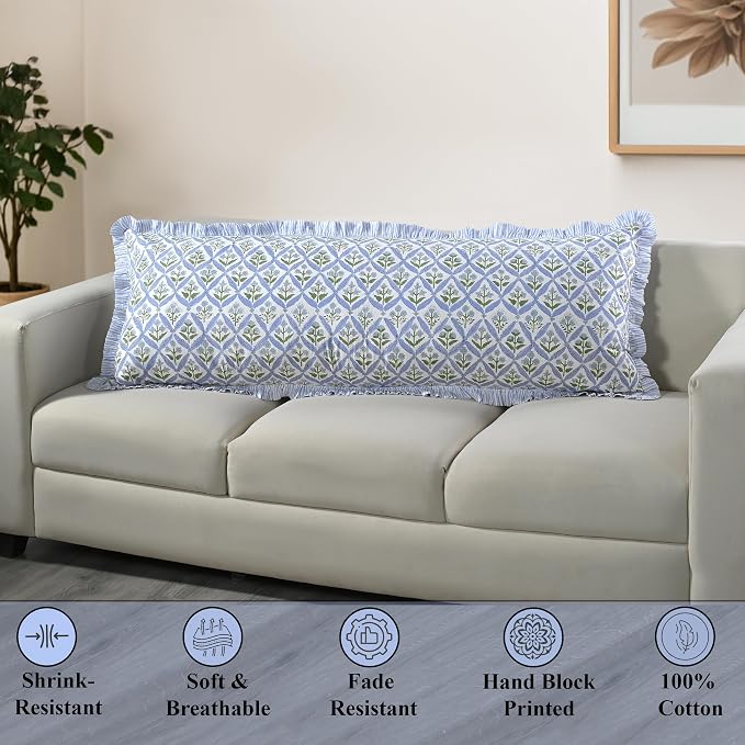 Ridhi Block Print Light Steel Blue Ruffle Lumbar Pillow Shams, 54" x 20" | 100% cotton, Floral Pillowcase, Cushion Cover, Hidden Zipper, Cottagecore Bedding, farmhouse boho style, fits couch, sofa,Bed