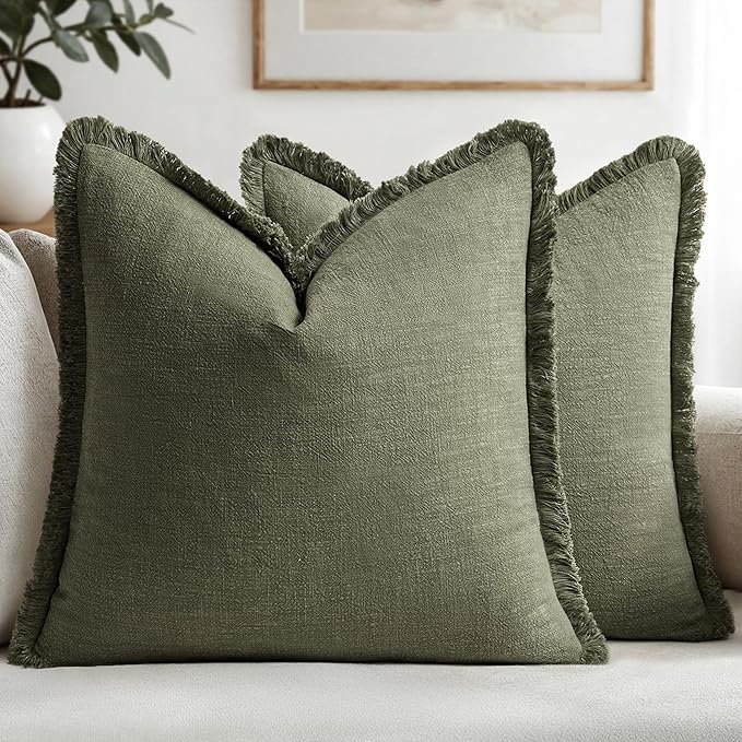 MIULEE Boho Linen Fringe Decorative Throw Pillow Covers Olive Green 20x20 | Set of 2, Cottagecore Decor, Boho Farmhouse Neutral Pillow Covers, Rustic Couch Cushion Cases for Sofa Bed Living Room