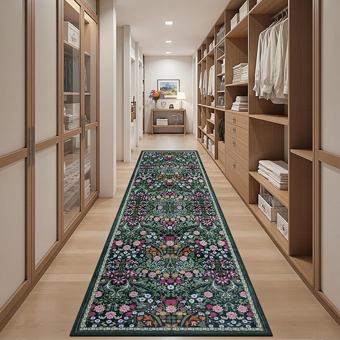 PLHXFR 2.6x10 Washable Runner Rug：Floral Indoor Kitchen Carpet Dark Green | For Hallway Bedroom Kitchen Laundry Bathroom Dorm,Vintage Floral,Machine washable,Non Slip,Stain Resistant,Indoor Floor