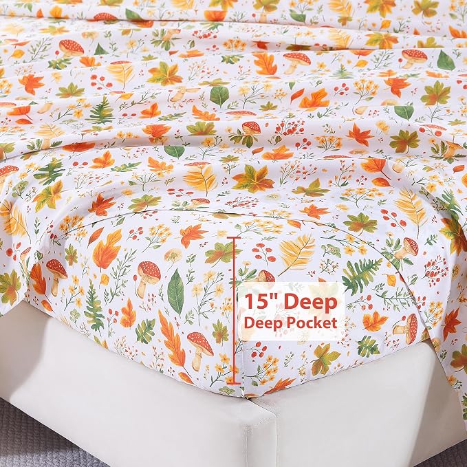 Softan Orange Floral Queen Size Sheet Set, Printed Microfiber Fitted Sheet with 15" Deep Pockets & Non-Slip Straps, Maple Leaves & Mushroom Patterned Bedding Sheets & Pillowcase Set