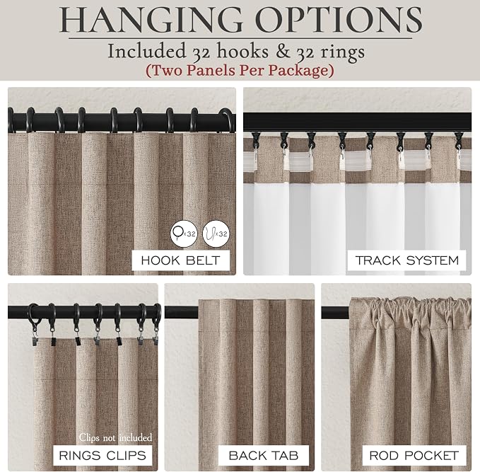 Dark Flax 100% Blackout Curtains 86 Inch Length 2 Panels Set Farmhouse Style for Bedroom Windows/Living Room Thermal Insulated Neutral Boho Drapes Linen Blend Chocolate Hook Belt Pleated (50"W x 86"L)