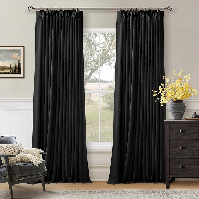 Black 120 Inch Pinch Pleated 100% Blackout Curtains with Liner 2 Panels Set | Thick Linen Textured, Energy Saving, Soundproof, Light UV Blocking, Thermal Insulated Curtain for Living Dining Room Bedroom