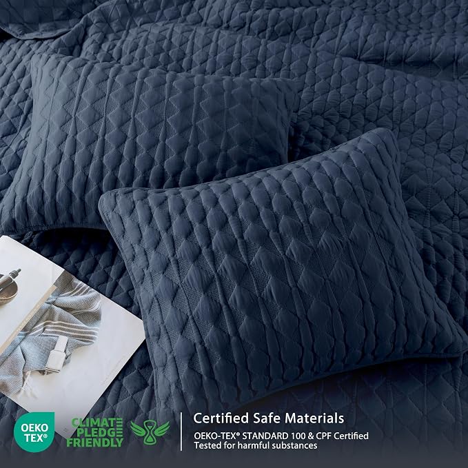 WDCOZY Navy Blue Quilt Queen Size Bedding Sets with 2 Pillow Shams, Lightweight Soft Bedspread Coverlet, Quilted Blanket Thin Comforter Bed Cover, All Season Spring Summer, 3 Pieces, 90x90 inches