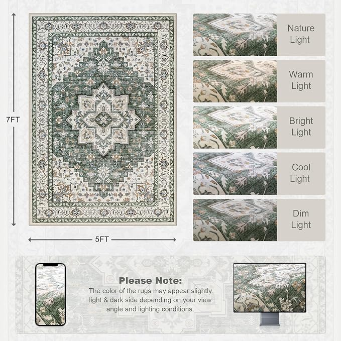 5x7 Area Rugs Living Room: Washable Rug for Bedroom Green Ivory | Boho No Slip Stain Resistant Rug Soft Indoor Decor Floor Floral 5x7 Area Rugs for Dining Room, Nursery, Hallway, Home Office