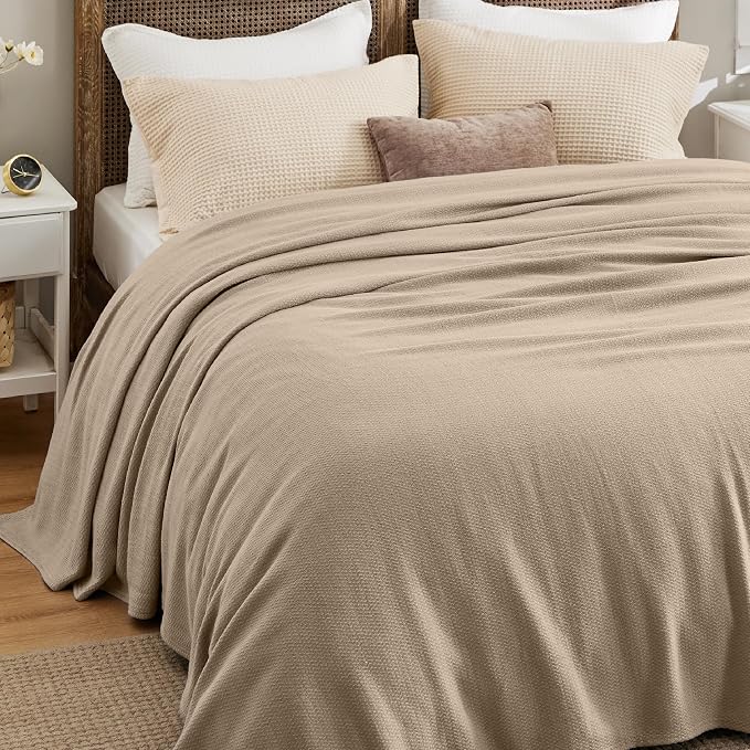 Bedsure GentleSoft 100% Cotton Blanket King Size for Bed - Cooling Breathable and Lightweight, Soft Cozy Textured Herringbone Woven Blanket for Summer, Khaki, 108x90 inches
