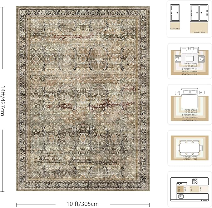 10x14 Area Rugs for Living Room - Washable Vintage Retro Large Rug, Soft Ultra Thin Non Slip Low Pile Traditional Distressed Boho Carpet for Bedroom Dining Room Home Office, Charcoal Olive