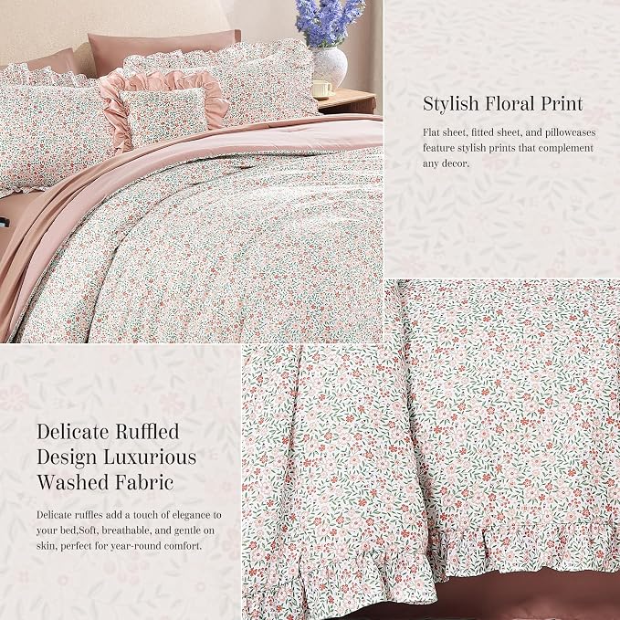 Queen Comforter Set-7 Pieces Floral Ruffle Bedding Set | Pink Ditzy Bed in a Bag, Soft Lightweight All Season Farmhouse Queen Bedding Sets with Sheets, Pillowcases & Shams