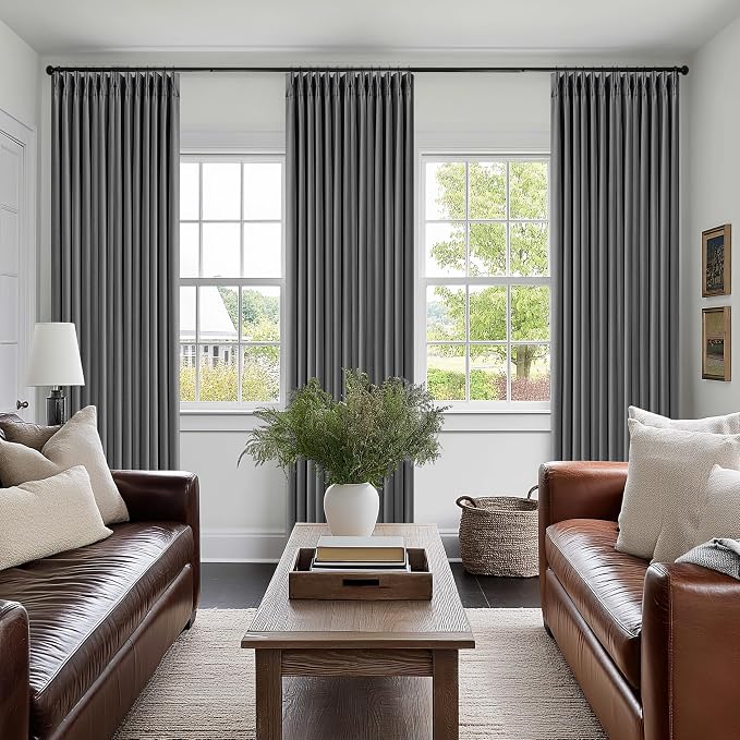 Dark Grey Pleated Thick Linen Blackout Curtains 105 Inches Long with Liner | 100% Black Out, Thermal Insulated, Pinch Pleat with Ring Hooks, Room Darkening Drapes for Living Room Bedroom, Charcoal Gray