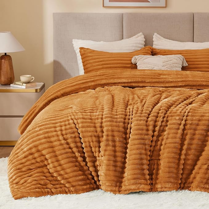 BEDELITE Fleece King Comforter Set, Fluffy Bed Set, Rust Orange | Super Soft & Warm Bedding, Luxury Fuzzy Faux Fur Comforter for Winter, Heavy Plush Bedding, with 2 Pillowcases