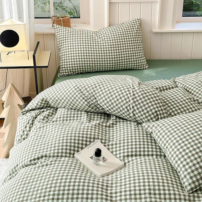 LifeTB Green Gingham Comforter Set California King Modern Style Green Plaid Grid Comforter with 2 Pillowcases Soft Fluffy Checkered Pattern Comforter Farmhouse Gingham Bedding Set Breathable