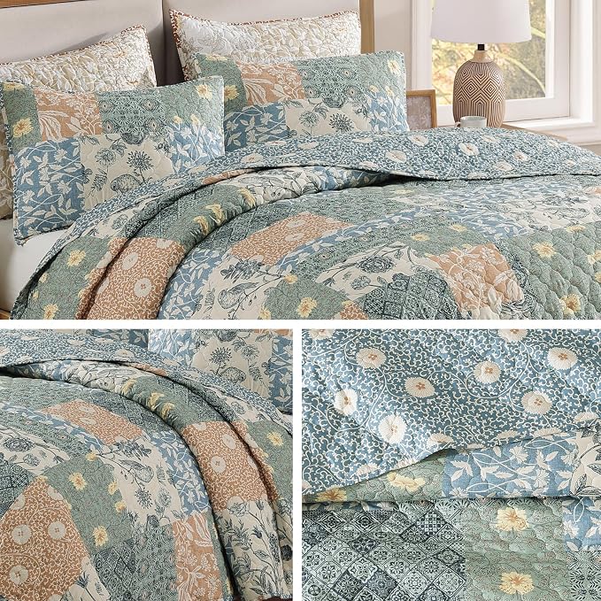 Twin Quilt Set-2 Pieces Soft Twin Bedspread Floral Patchwork Quilt | Lightweight Green Quilt, Reversible Vintage Floral Bedding Set, All Season Bed Coverlet with 1 Pillow Sham, 66"x92"