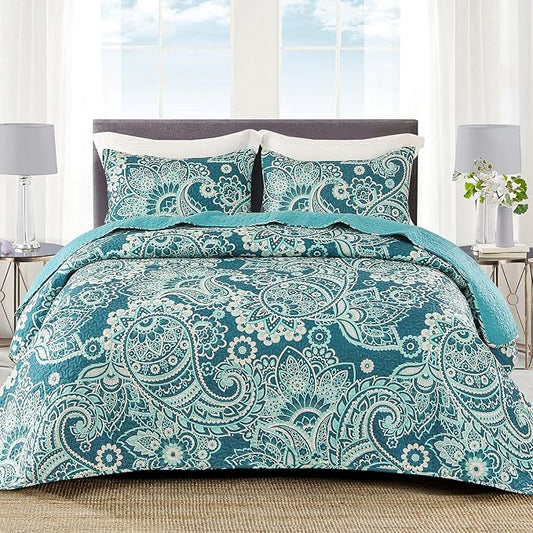 Whale Flotilla California King Size Quilt Set, Soft Boho Paisley Bedspreads | Reversible Lightweight Oversized Quilt Bedding Set for Bed, Turquoise Printed Coverlets with 2 Pillow Shams for All Seasons