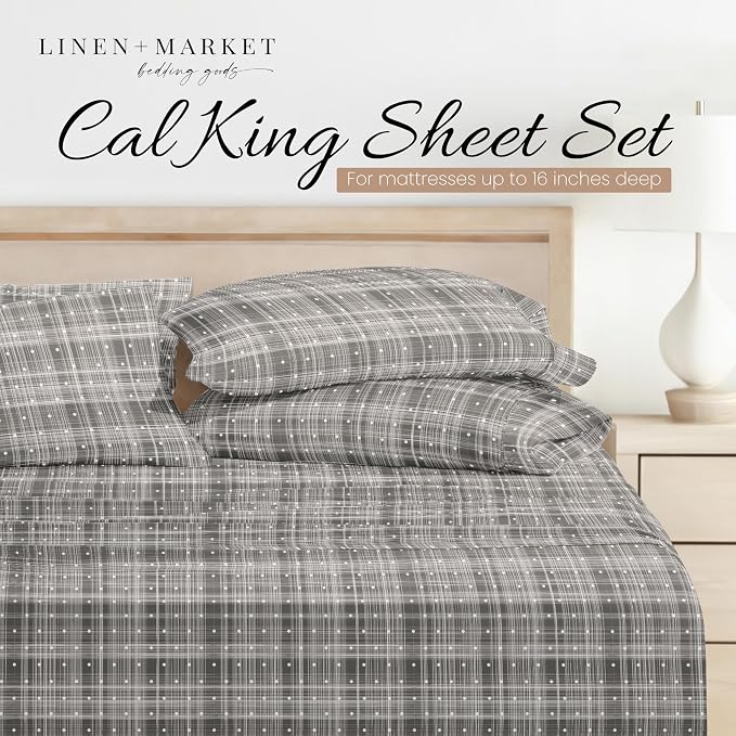 Linen Market Double-Brushed Patterned Microfiber California King Sheet Set 4 Piece – Oeko-TEX Certified Ultra Soft & Wrinkle-Free - 16" Deep Pocket Sheets Easy Care Cal-King Size - Polka Dot Gray