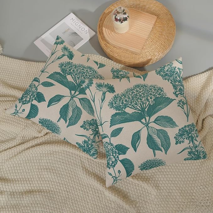 Aqua Teal Pillow Covers 18x18 Inch 2 Pcs Boho Vintage Floral Decor Throw Pillows Hydrangea Flower Summer Outdoor Farmhouse Neutral Accent Decoration Pillowcase Linen Cushion Cover for Sofa