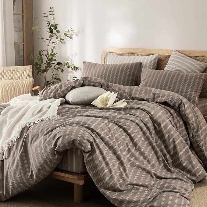 BESTOUCH Striped Cotton Duvet Cover Set Linen Feel Oversized Full | 100% Washed Cotton, Soft Wrinkle Texture, Hidden Zipper, 8 Ties, Breathable Lightweight Durable Comfy, 3 Pcs No Insert
