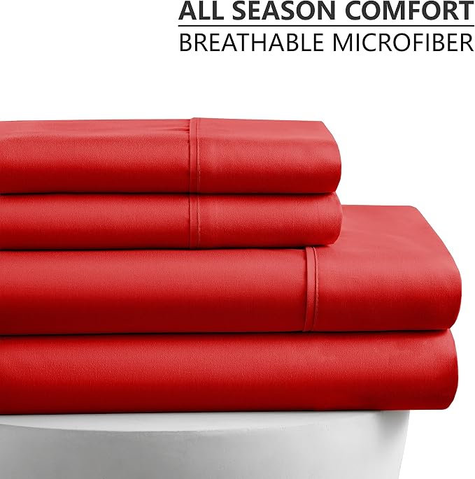American Home Collection Queen Sheet Set - Ultra-Soft Microfiber 15-Inch Deep Pocket - Wrinkle Free and Fade Resistant (Red)