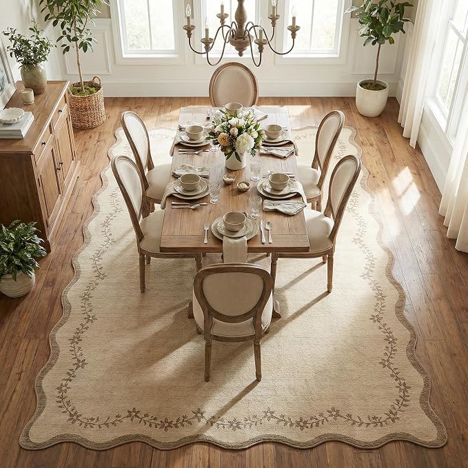 GarveeHome Scalloped Area Rugs 8x10 Large Jute Washable Living Room Rug | Soft Tan Floral Non Slip Backing Floor Mat Brown Carpet Indoor Thin Rug for Bedroom Dining Room Playroom Nursery Home Decor