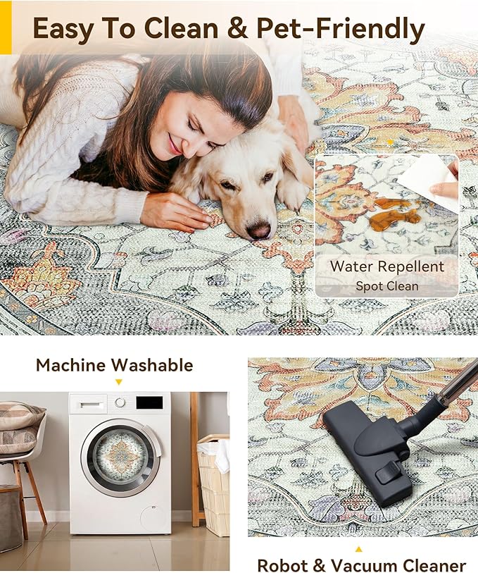 RELEANY Washable Area Rug, Round 6ft, Beige/Carbon Grey/Orange | Non-Slip, Water Repellent, Pet Friendly, Easy to Clean, Vintage Floral Boho Decor for Living Room Bedroom Dining Room