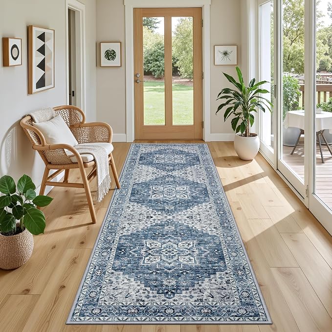 Hallway Runner Rug: 2.6x8 Kitchen Boho Rugs for Living Room Blue | Runner Rug Hallway Washable Rug No Slip Soft Bedroom Rug Indoor Floor Stain Resistant Carpets for Entryway, Laundry, Bathroom