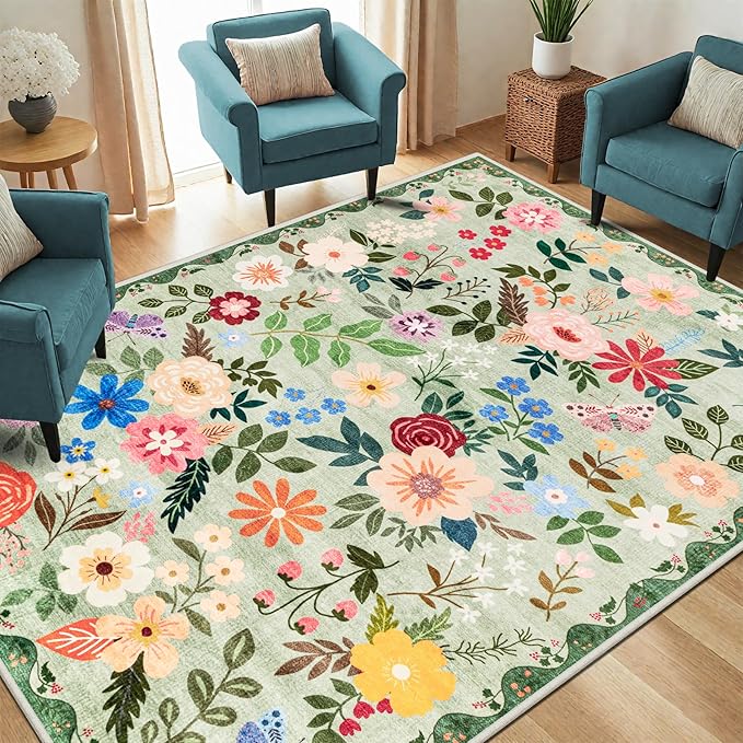 PLHXFR 6x9 Area Rug Living Room: Floral Washable Boho Soft Carpet Green | For Bedroom Dining Room Farmhouse Nursery Hallway,Vintage Floral,Machine washable,Non Slip,Stain Resistant,Large Indoor