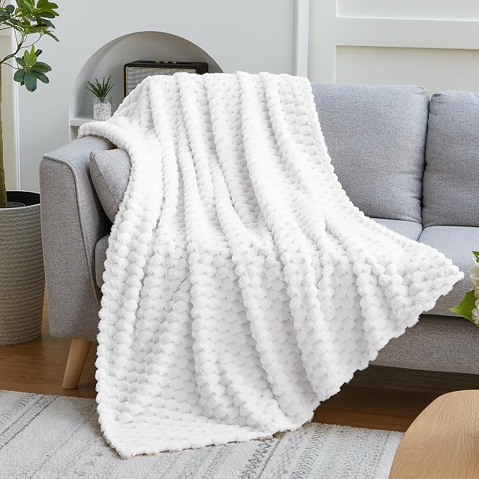 EXQ Home Gentle Soft Fleece Throw Blanket – Cozy Lightweight 3D Imitation Turtle Shell Jacquard Blanket for Couch Bed – All-Season Warm Fuzzy Flannel Blanket for Women Mom Her Gifts(50"x60",White)