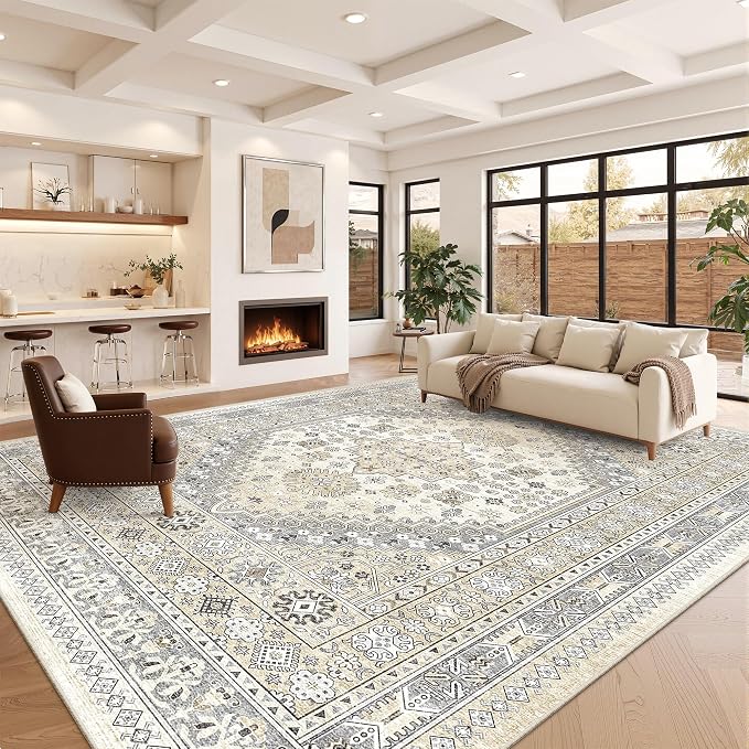 10x14 Area Rugs for Living Room,Large Washable Rug,Beige | Rugs for Bedroom,Dining Room,Office,Low Pile,Soft, Vintage Rug,Stain Resistant Indoor Carpet,Non Slip,Home Decor